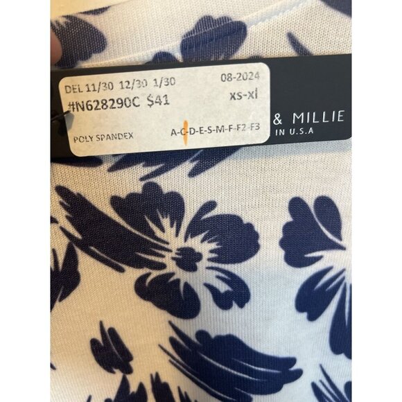 Nally & Millie 3/4 Sleeve Floral V-Neck Top Small Knit Blue Navy White - Picture 5 of 5